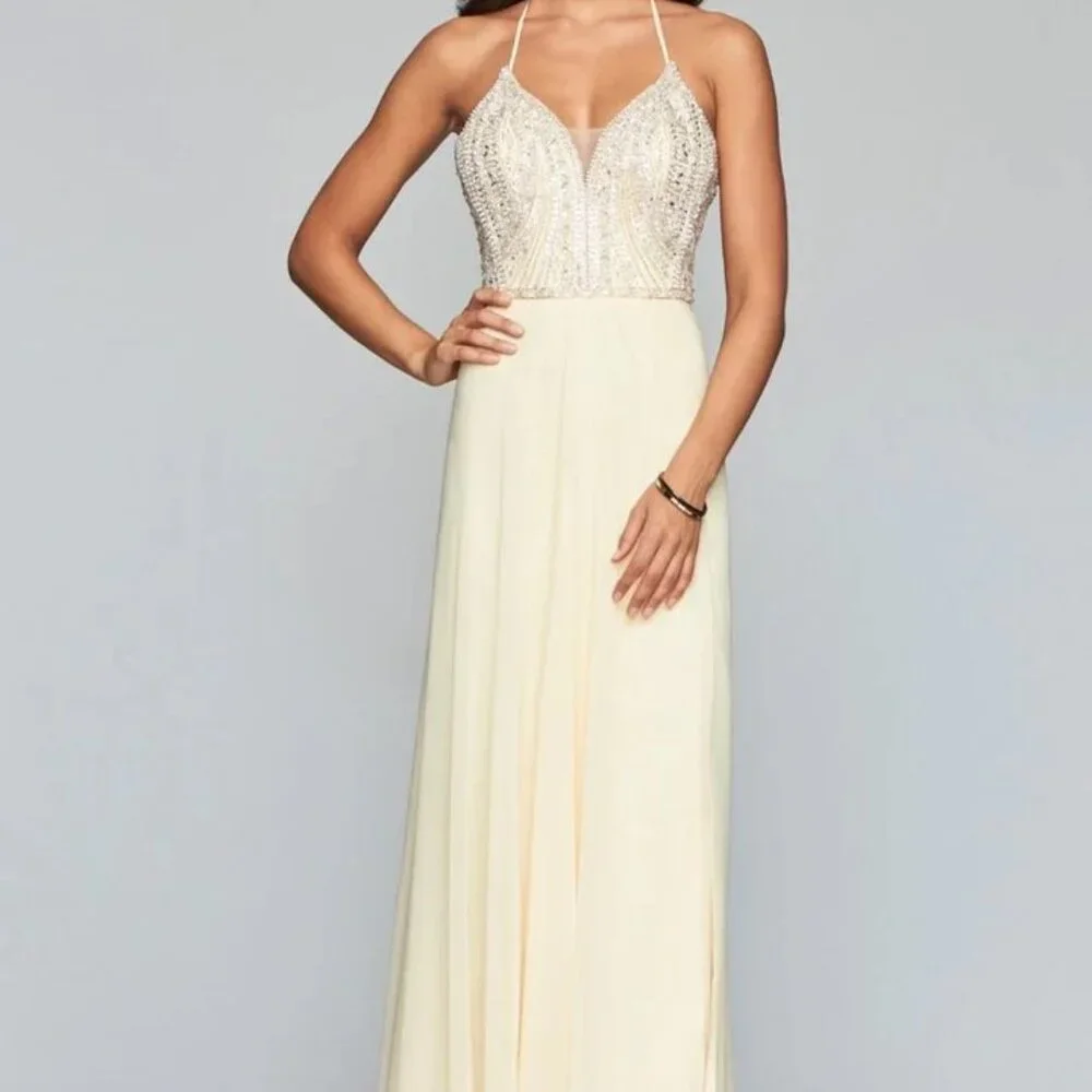 Faviana Pastel Yellow Halter Beaded A-line Lace-Up Chiffon Dress New with Tags - Picture 4 of 10